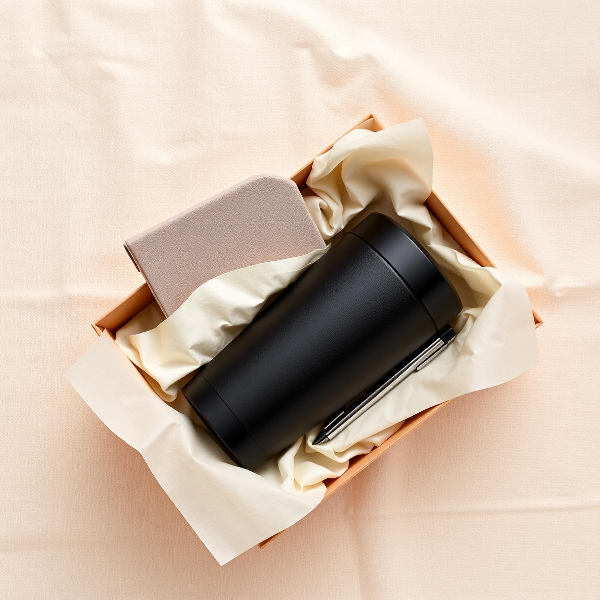 Work Mode — Kit Work Mode aberto com copo térmico, caderno e caneta